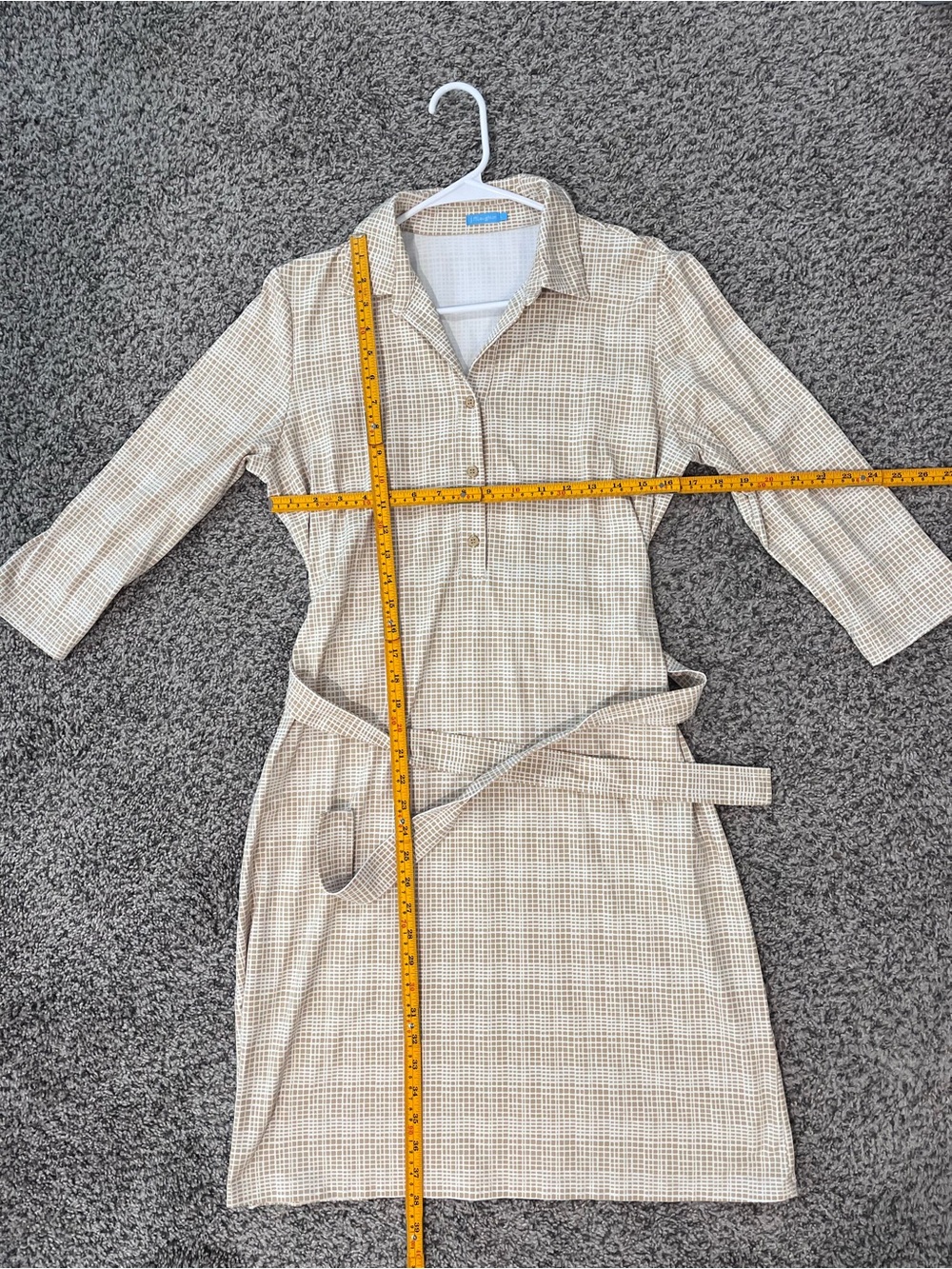 J. McLaughlin Calla Shirt Dress Tan Mini Mod Matrix Plaid Grid Catalina knit LG - Picture 6 of 6